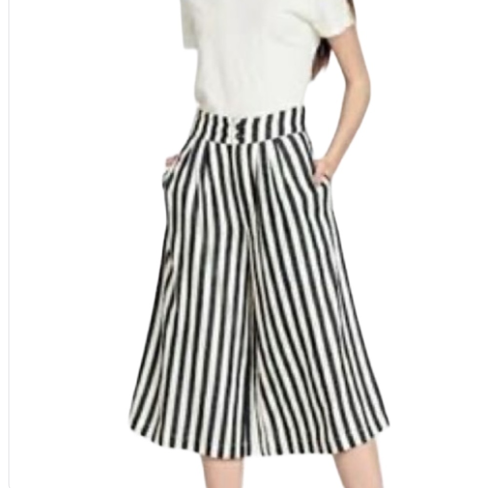 Coastal H&M Striped Linen Cropped Wide Leg High Waist Culottes Pants Pleated 10